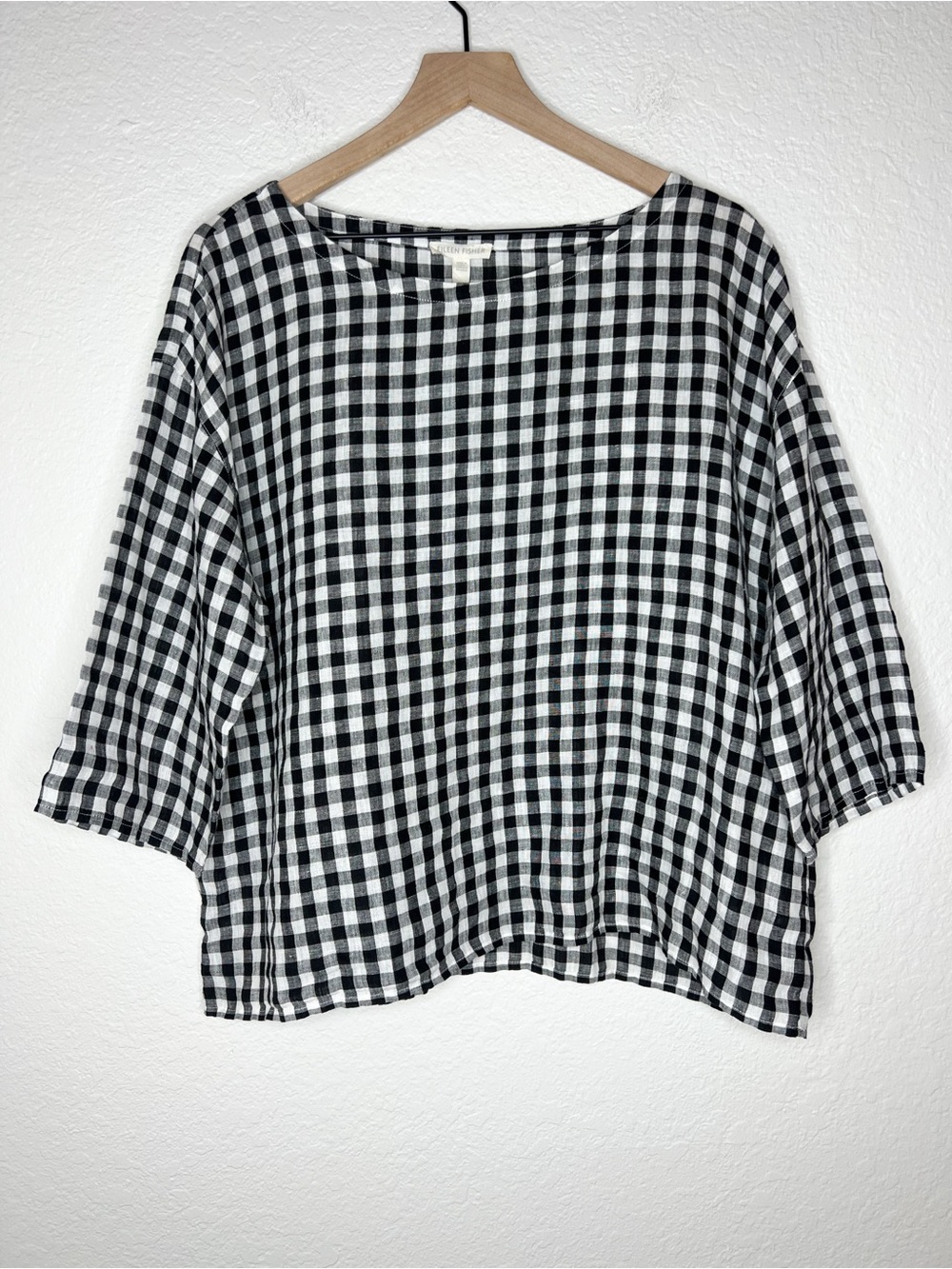 Eileen Fisher Organic Linen Gingham Blouse Boxy Top 3/4 Sleeve size Large